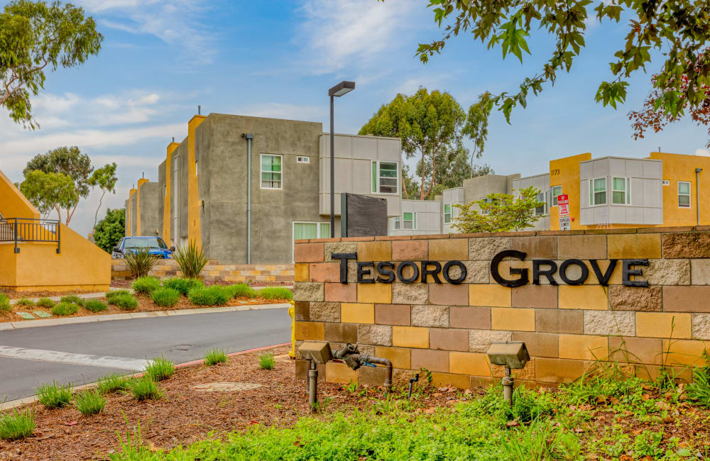 Signage outside at Tesoro Grove Apartments in San Diego, California