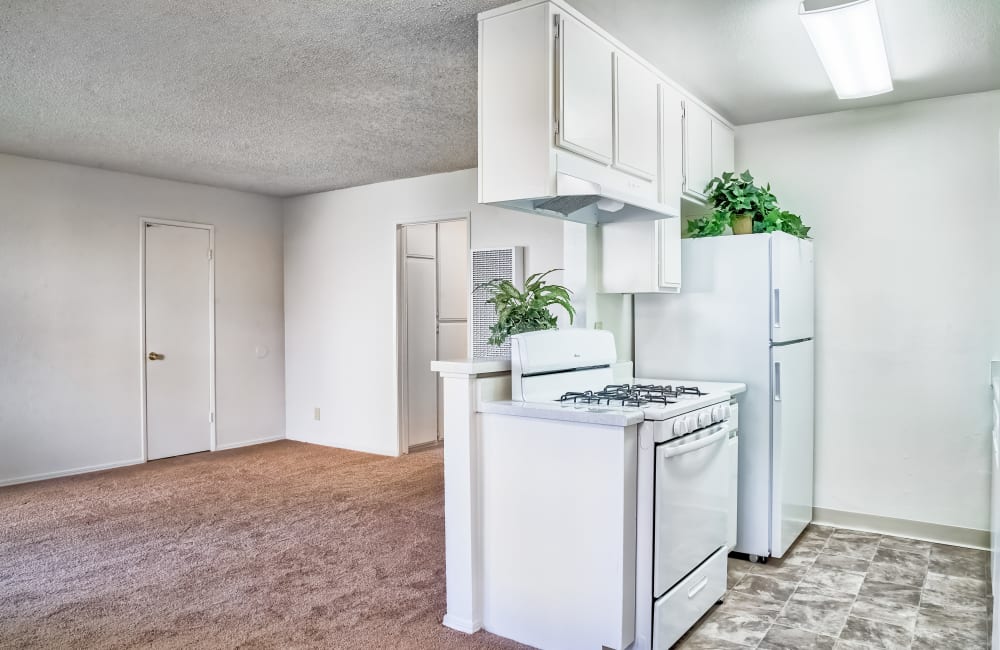 Apartment kitchen and living room at The Palms Apartments in Rowland Heights, California
