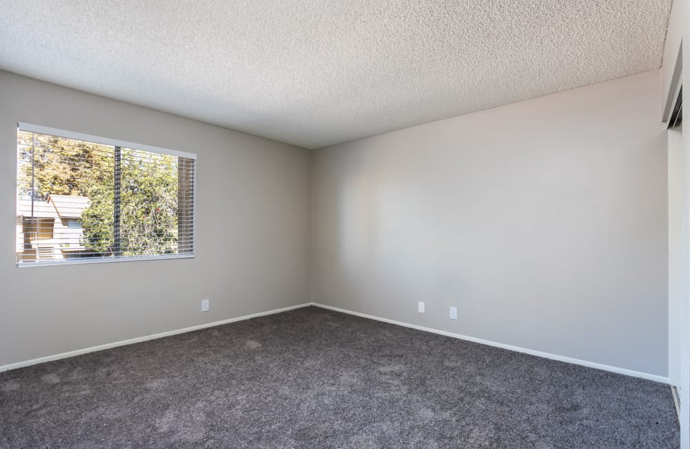 Carpeted bedroom with window at Sierra Vista Apartments in Redlands, California