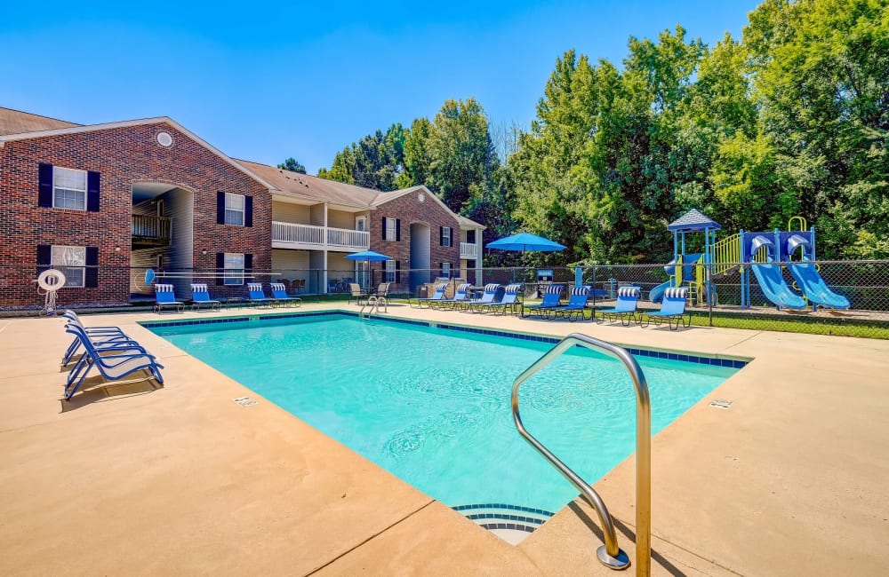 Beautiful blue sky with a luxurious pool Highland Ridge Apartment Homes in High Point, North Carolina