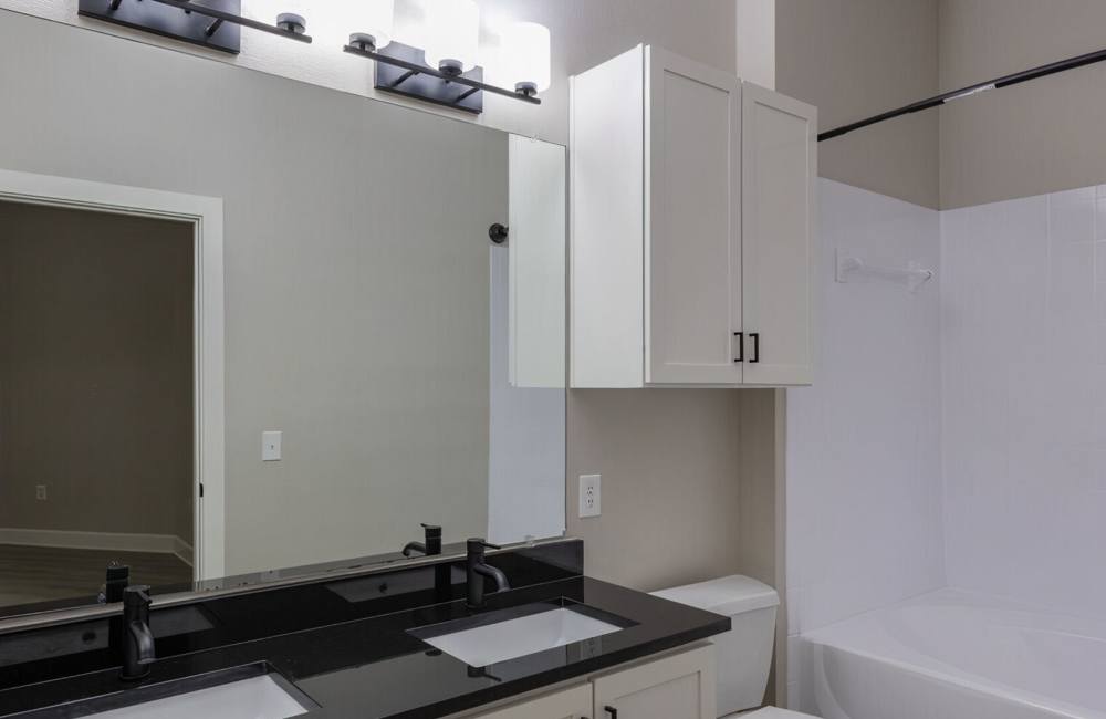 Bright bathroom with shower and tub at Heights on Katy in Houston, Texas, 