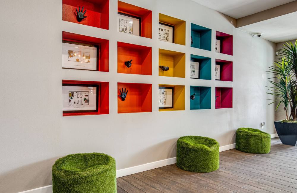 Unique built-in bookshelves at Array in Austin,Texas