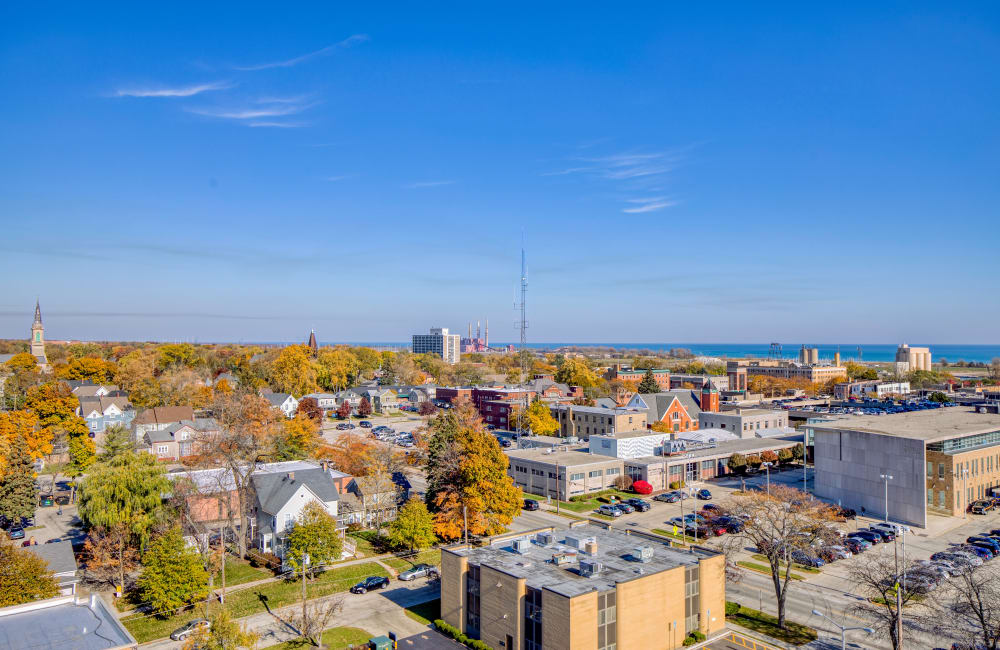 View of city from balcony at Lilac Ledge Apartments in Waukegan, Illinois