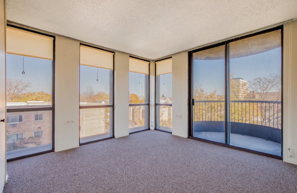 Living room with view at Lilac Ledge Apartments in Waukegan, Illinois