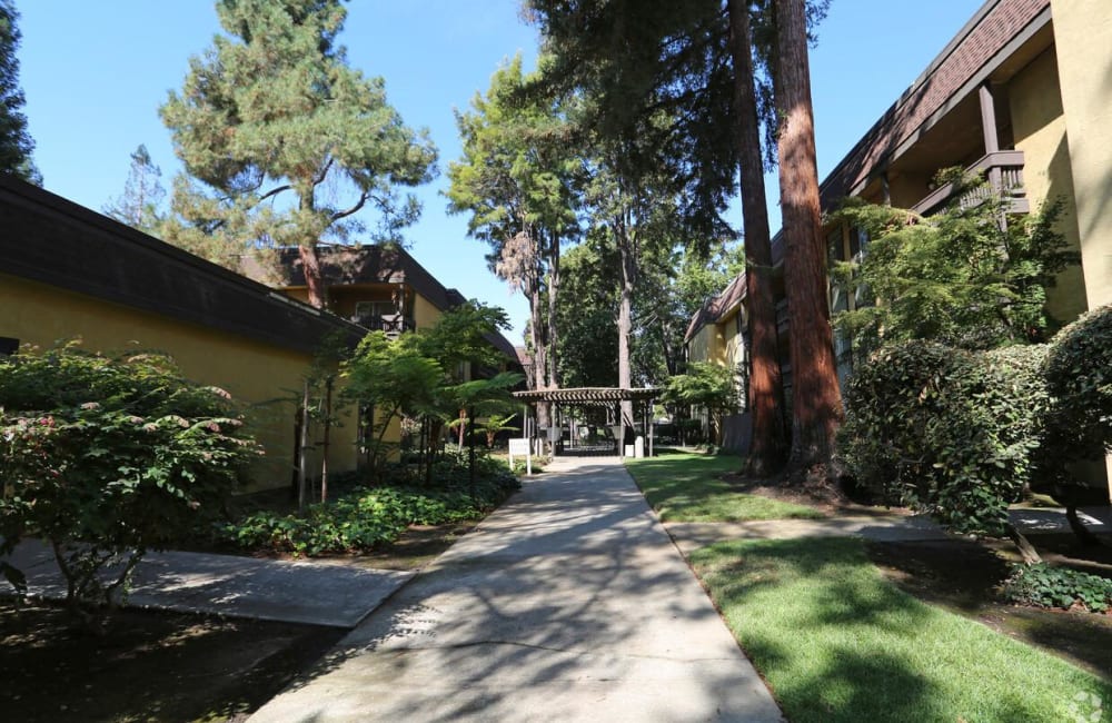 Exterior walkway at Meadow Wood in Concord, California