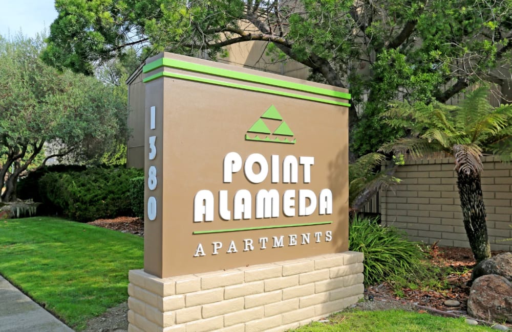 The welcome sign at the entrance to Point Alameda in Alameda, California