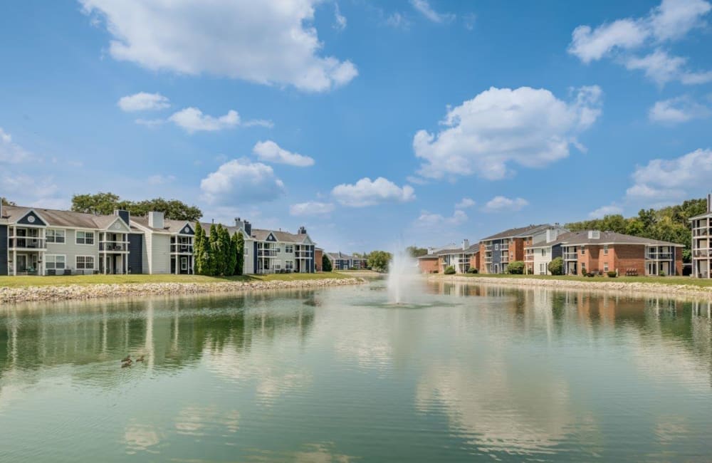 Lake area situated between two apartments making for a beautiful view Hidden Lakes Apartment Homes in Miamisburg, Ohio