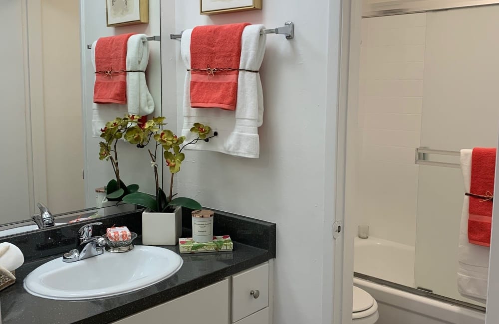 Bathroom amenities in a model home at Point Alameda in Alameda, California