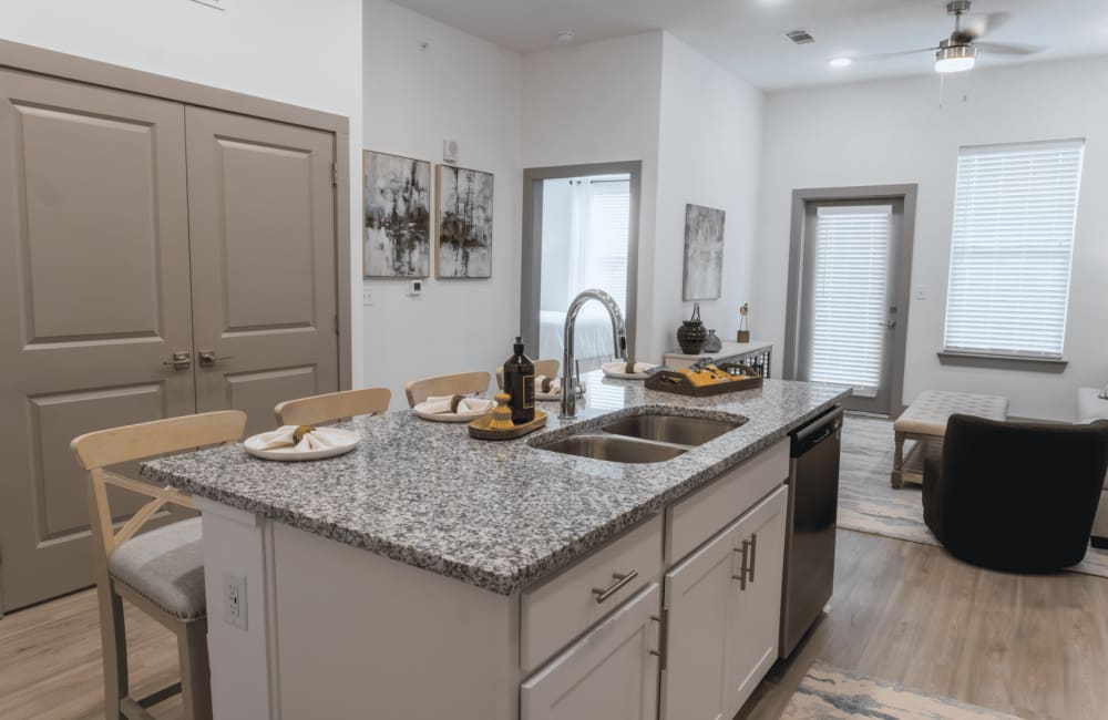 Model kitchen with large sink at The Waters at Heritage in Gonzales, Louisiana