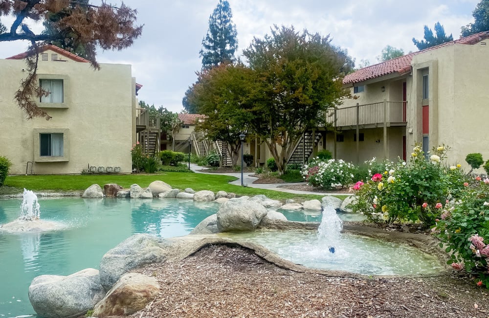 Outdoor water fountains at Casa Mediterrania in Colton, California