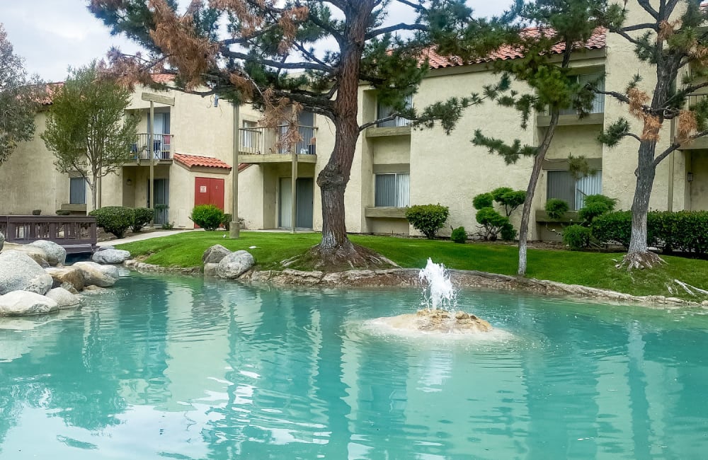 Water fountains local recreation at Casa Mediterrania in Colton, California