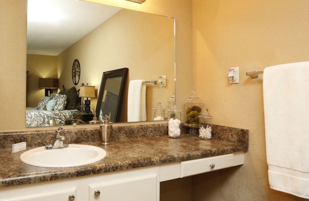 Lovely bathroom with large vanity mirror in a model home at Elevation Hoover in Hoover, Alabama