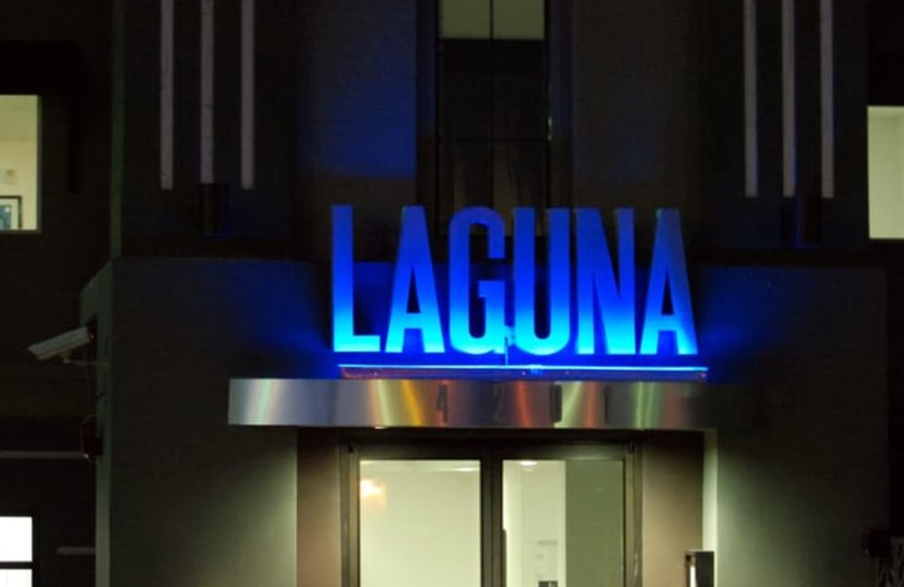 Sign on the building at Laguna Senior in Los Angeles, California