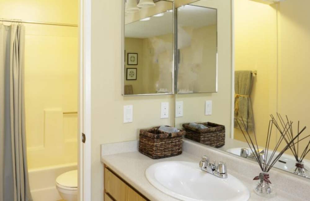 Modern bathroom with a sink, toilet, and shower at Countryside Apartments in Poway, California