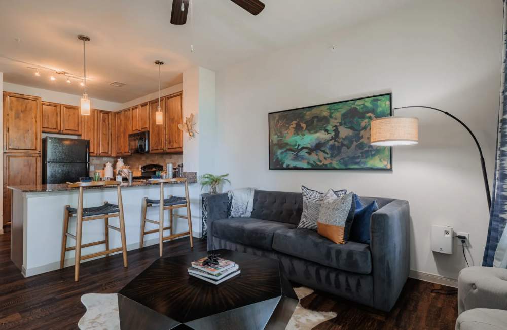 Apartment living room and kitchen at The Pines at Woodcreek in Humble, Texas