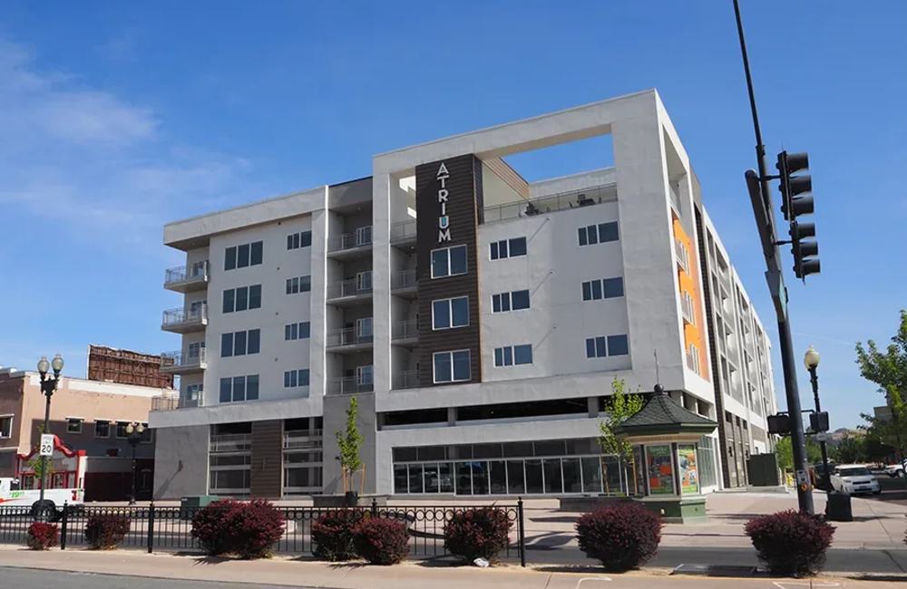 Street view of the apartments at The Atrium at Victorian Square in Sparks, Nevada