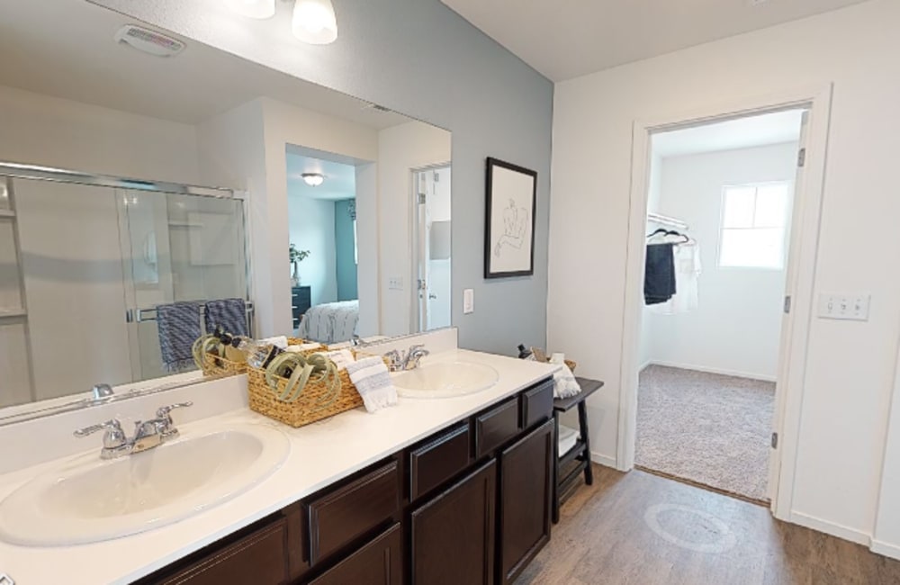 A double vanity sink in a model home bathroom at Aspen Vista at Anchor Pointe in Reno, Nevada