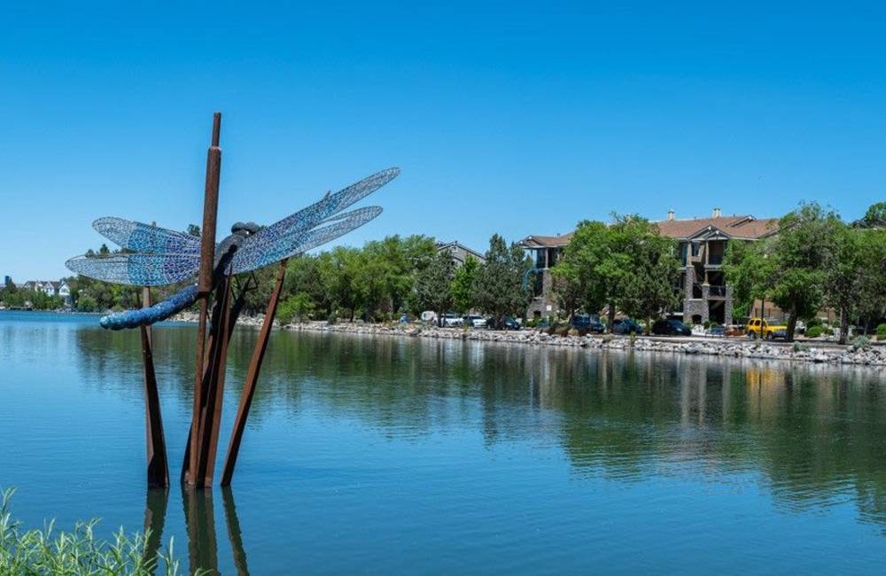 Dragonfly sculpture in the lake at Edgewater at Virginia Lake in Reno, Nevada