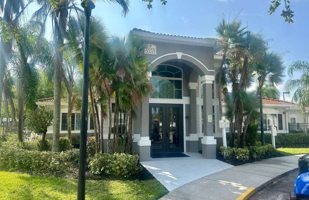 Exterior of the entrance to the clubhouse at Hawk's Landing in Fort Myers, Florida