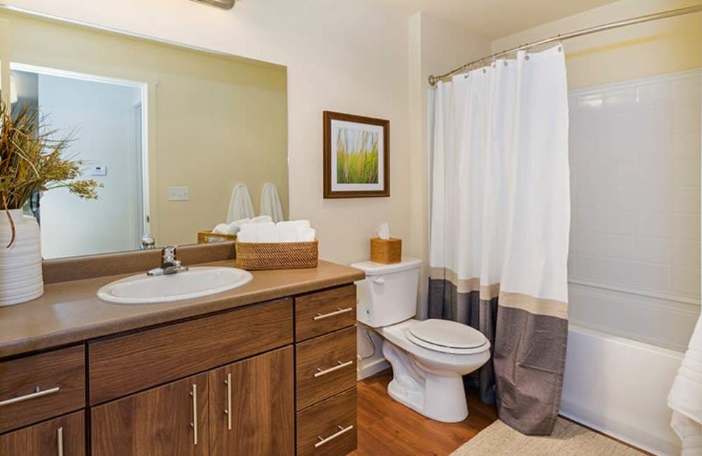 The apartment bathroom with extensive vanity storage and a comfortable bathtub at Copper Ridge in Kennewick, Washington