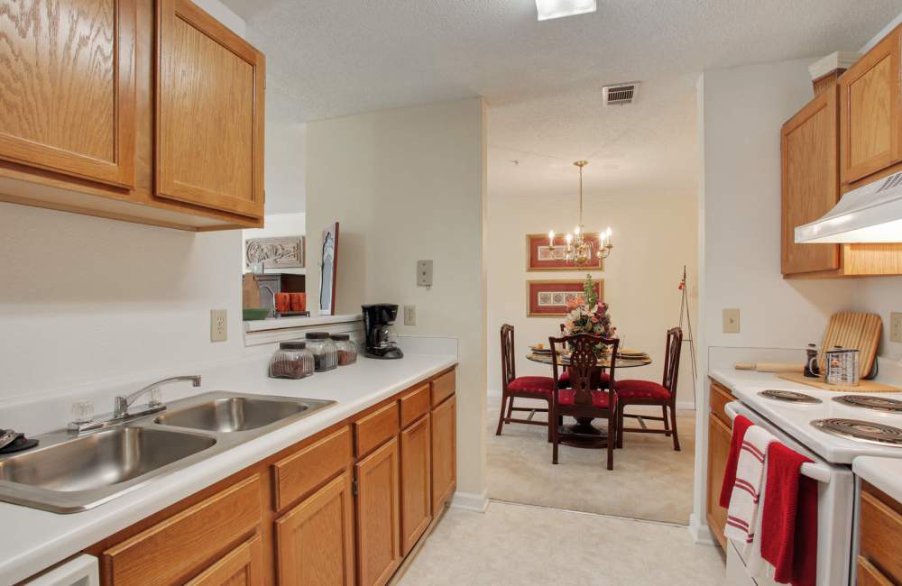 Apartment kitchen with double basin stainless-steel sink at Wellington Point in Atlanta, Georgia