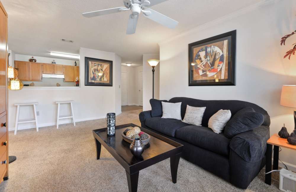 Spacious living room with ceiling fan and black sofa at Carrington Point in Douglasville, Georgia