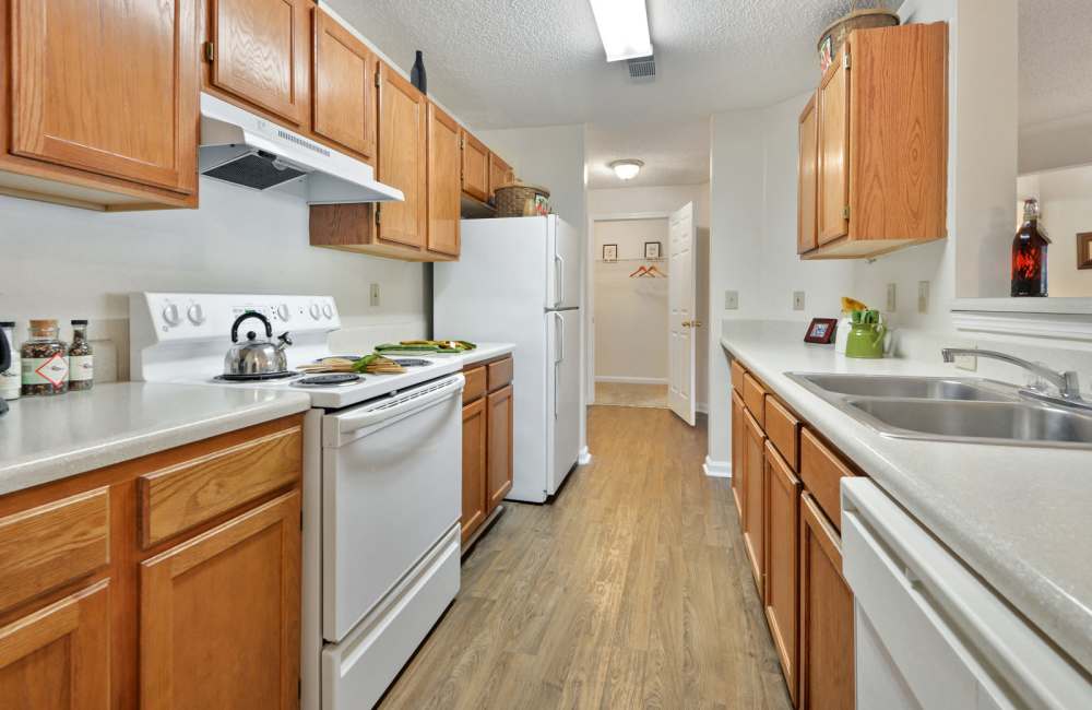 Galley kitchen at Carrington Point in Douglasville, Georgia
