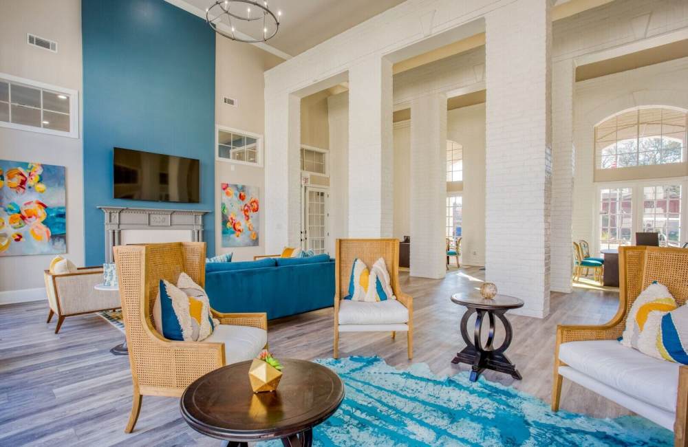 Television in an indoor lounge at Verlaine on the Parkway in Dallas, Texas, 