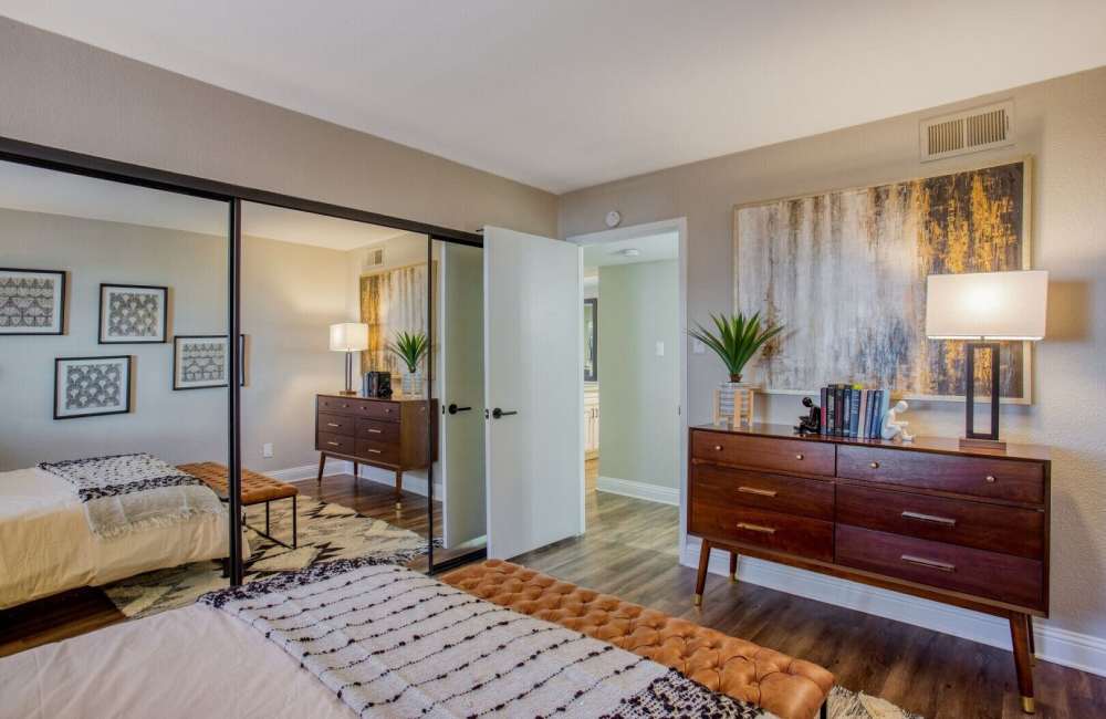Bedroom with a glass door at Verlaine on the Parkway in Dallas, Texas, 