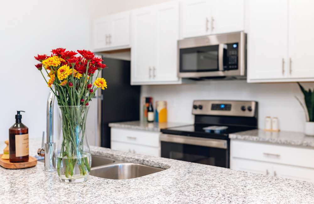 Kitchen with stainless-steel appliances at The Waters at McGowin in Mobile, Alabama