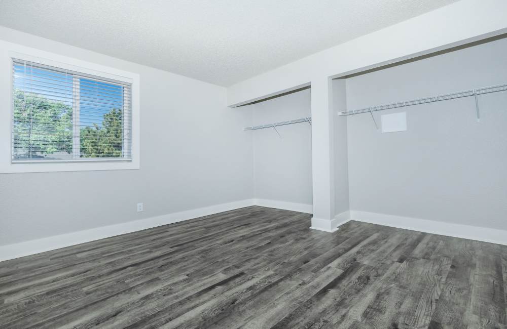 Spacious bedroom with a large window, vinyl flooring at Stone Canyon Apartments in Colorado Springs, Colorado