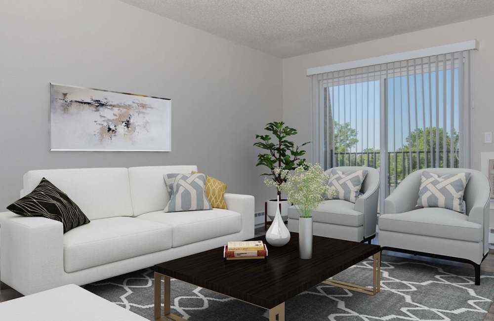 Spacious living room with plush carpeting at Sedona Ridge Apartments in Colorado Springs, Colorado