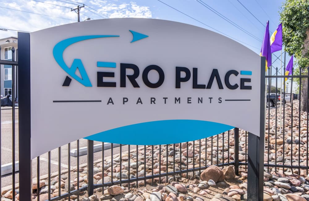 Signage board at Aero Place Apartments in Colorado Springs, Colorado