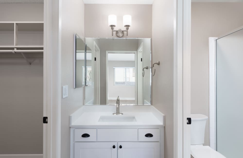 Vanity and bathroom at Creekside Terrace in Castro Valley, California
