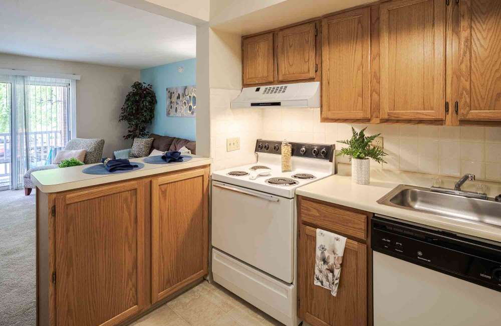 Apartment kitchen and living room at Four Seasons Apartments in Erlanger, Kentucky