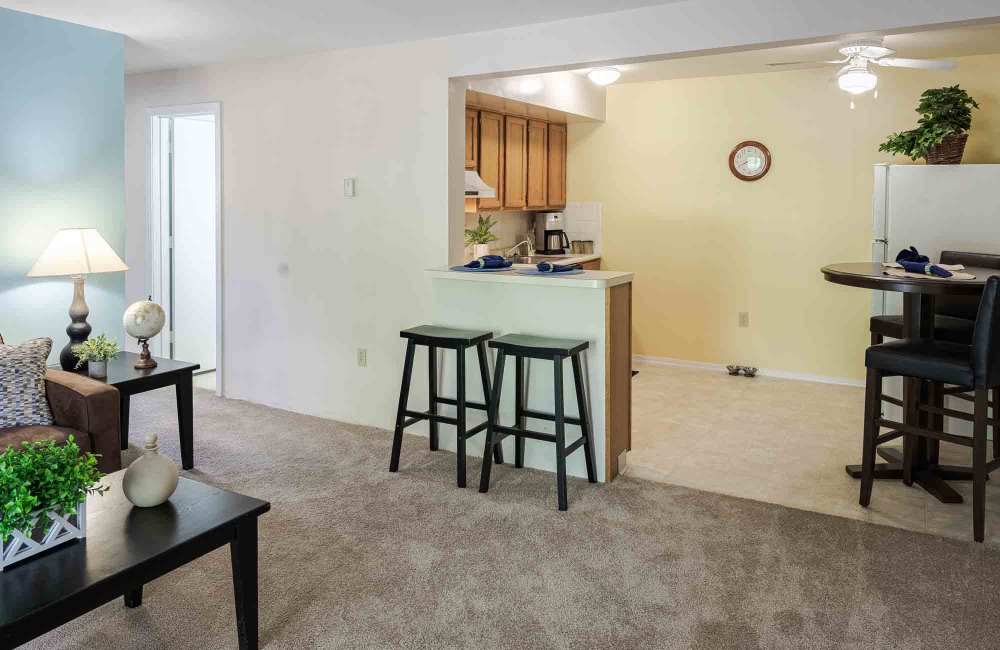 Apartment living room and kitchen at Four Seasons Apartments in Erlanger, Kentucky