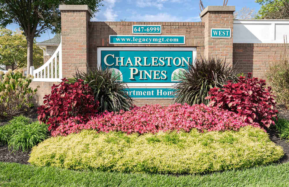 Community sign at Charleston Pines Apartment Homes in Florence, Kentucky