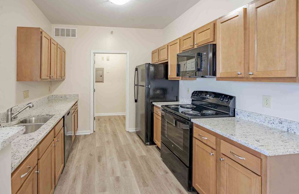 Black appliances in a kitchen at Aspen Pines Apartment Homes in Wilder, Kentucky