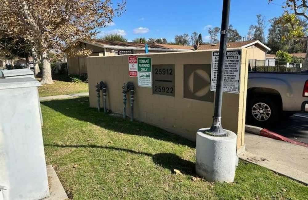 Parking lot entrance at Rancho Niguel Apartments in Laguna Hills, California