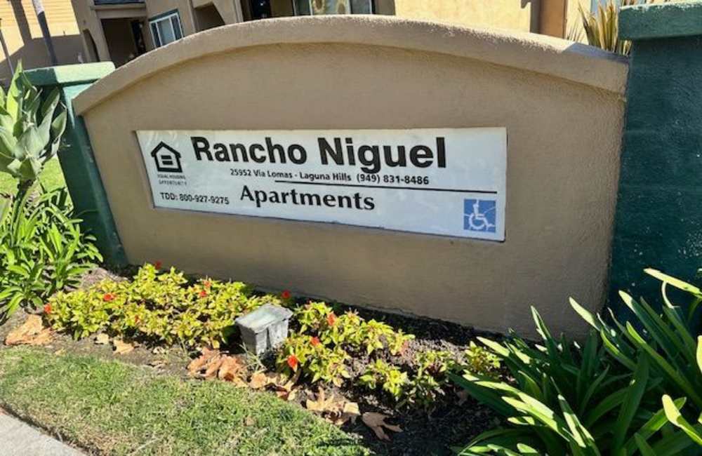 Monument sign at Rancho Niguel Apartments in Laguna Hills, California