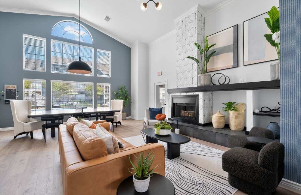 Sitting area with fireplace Park At Woodmoor Apartments in Shenandoah, Texas, 