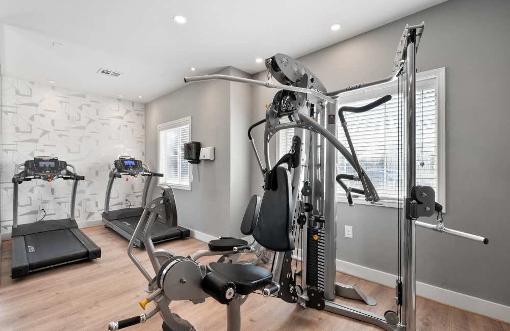 State-of-art fitness center at Park At Woodmoor Apartments in Shenandoah, Texas, 