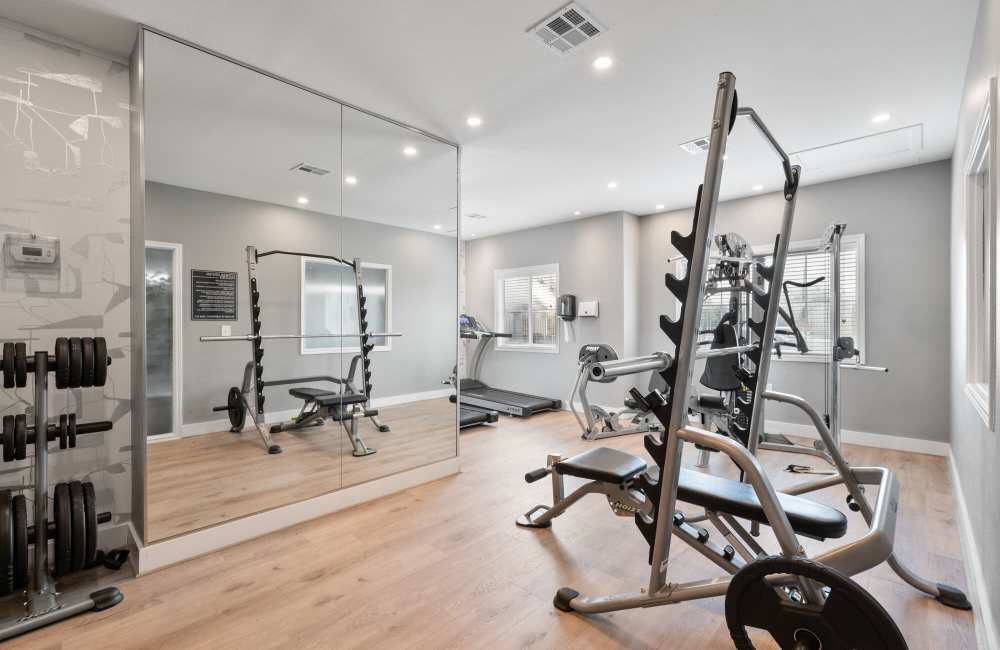 Free weight station at Park At Woodmoor Apartments in Shenandoah, Texas, 