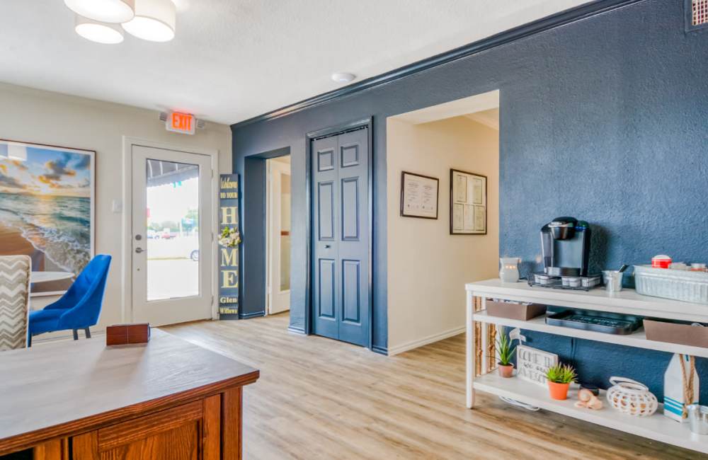 Lounge area with complementary coffee at South Shore Coastal Living in Corpus Christi,Texas