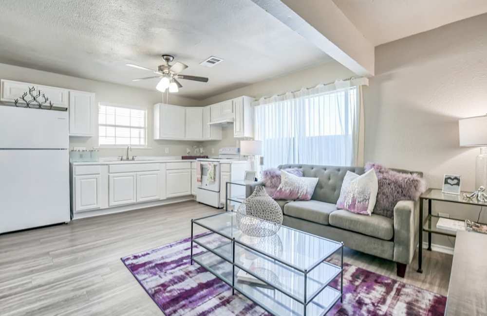 Living room of the apartment at Woodside Flats in Dallas, Texas, 