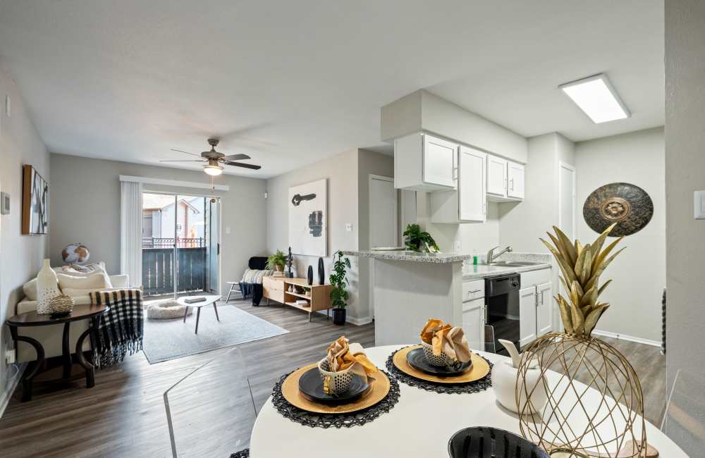 View of living room and kitchen at North Bend Living in Houston, Texas