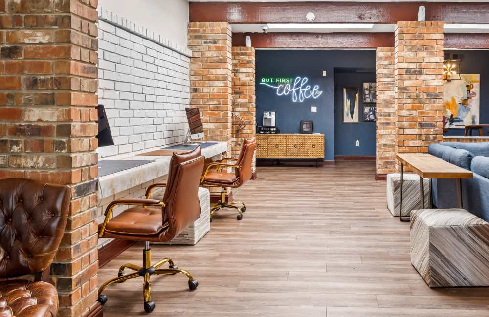 Community space with coffee bar at Lavera At Lake Highlands in Dallas, Texas