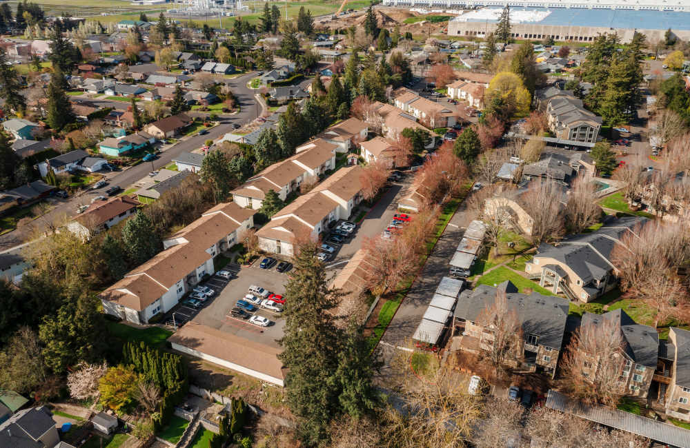 Aerial view of our community at Heron Hills Apartment Homes in Gresham, Oregon
