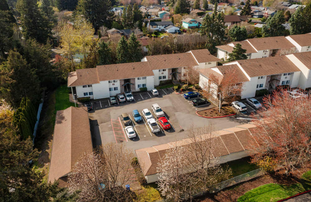 Aerial view of the apartments at Heron Hills Apartment Homes in Gresham, Oregon