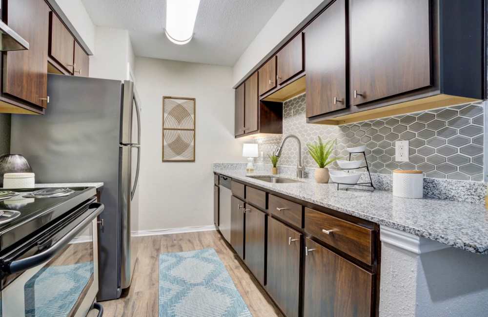 Modern kitchens at The Abbey at Willowbrook in Houston, Texas